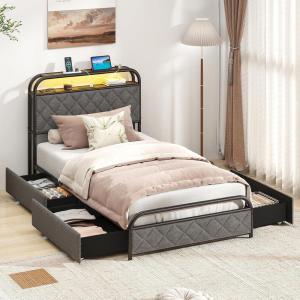 Giantex Full Size Bed Frame with 4 Storage Drawers and Charging Station, Metal Full Platform Bed w/LED Lights & Linen Upholstered Headboard, No Box Spring Needed, Full Storage Bed, Gold & Beige(Black & Grey)