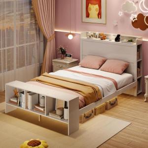 Giantex Full Size Bed Frame with Storage Headboard & Footboard, Solid Wood LED Bed w/Charging Station, White Full Bed Frame for Kids, Teens & Adults, No Box Spring Needed, White(Full)