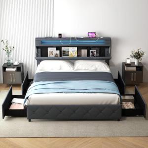 Giantex Full Size Bed Frame with Storage Headboard and 4 Drawers, Modern Upholstered Platform Bed with Charging Station & Led Lights, Storage Bed Full w/Wood Slat Support, No Box Spring Needed, Grey(Queen)