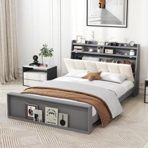 Giantex Full Size Bed Frame with Storage, Modern Platform Bed with Upholstered Headboard & Storage Footboard, Wood Full Bed with Wood Slat Support, No Box Spring Needed, Grey & Beige