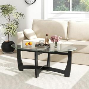 Giantex Glass Coffee Table, 48″ Oval Accent Tea Table with Tempered Glass Top & Solid Wood Structure, Simple Modern Cocktail Table Center Table for Living Room Reception Room Home Office, Black