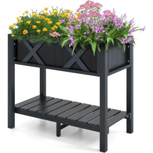 Giantex HIPS Raised Garden Bed, Elevated Planter Box w/Legs, Storage Shelf, Drainage Holes, Weather-Proof Standing Raised Beds for Backyard Porch Flower Herb (Coffee, 44″ x 18″ x 29″)(Black)