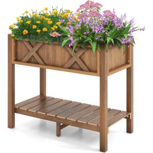 Giantex HIPS Raised Garden Bed, Elevated Planter Box w/Legs, Storage Shelf, Drainage Holes, Weather-Proof Standing Raised Beds for Backyard Porch Flower Herb (Coffee, 44″ x 18″ x 29″)(Coffee)