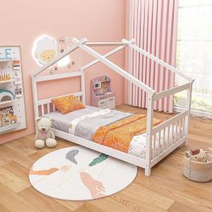 Giantex House Bed Twin, Solid Wood Kids House Bed with Roof, Headboard and Footboard, Low Floor Twin Bed Frame for Toddlers Teens Girls Boys, No Box Spring Needed, White(White)