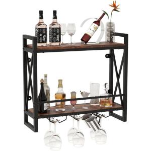 Giantex Industrial Wall Mounted Wine Rack, 2-Tier Metal Hanging Wine Bottle Glass Rack with 14-Bottle & 12-Mug Holders, Wall Wine Floating Shelves for Home Bar, Kitchen, Dining Room, Rustic Brown(23.5″ x 8″ x 21.5″)