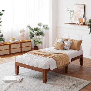 Giantex King Wood Platform Bed Frame, 14 Inch Solid Rubber Wood Mattress Foundation, Heavy Duty Wooden Slats Support, No Box Spring Needed, Easy Assembly, Natural(Walnut)