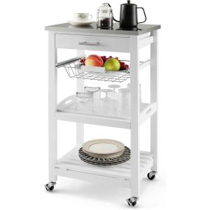 Giantex Kitchen Island Cart, Rolling Kitchen Storage Cart with Stainless Steel Tabletop, Drawer, Basket and Shelf, Utility Service Cart on Wheels for Restaurant Hotel