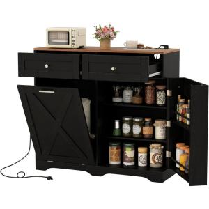 Giantex Kitchen Island with Tilt Out Trash Can Cabinet 10 Gallon, Power Outlet, 2 Drawers, Adjustable Shelves, Hidden Storage Garbage Bin Cabinet for Dining Room Laundry Room (Black+Walnut)(Black+walnut)