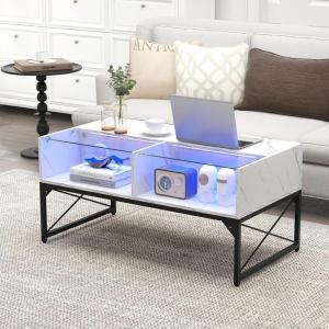 Giantex LED Coffee Table, High Gloss Coffee Tables with 4 Storage Cubes, 20-Color Lights, Remote Control, Faux Marble & Tempered Glass Top, Modern Accent Rectangle Center Table for Living Room (Black)(White)