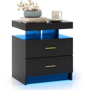Giantex LED Nightstand, Modern Black Bedside Tables with 2 Storage Drawers, High Gloss End Side Table with Adjustable Light Mode, Smart Night Stand for Bedroom(Black)