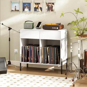 Giantex Large Record Player Stand with Charging Station, Mid Century Wood Turntable Stand with 2 Storage Drawers & Compartments, Vinyl Record Storage for Living Room (White)(White)