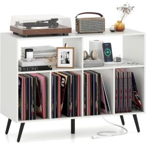 Giantex Large Record Player Stand with Charging Station, Turntable Stand Holds Up to 450 Albums, Record Player Table with Raised Leg, Vinyl Record Storage for Living Room (White)(White)