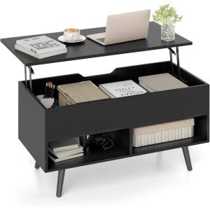 Giantex Lift Top Coffee Table, Modern Cocktail Table w/Hidden Compartment & 2 Open Shelves, Flip Top Center Table, Wooden Pull up Coffee Table for Living Room, Reception Room, Office (Black)(Black)