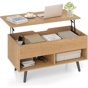 Giantex Lift Top Coffee Table, Modern Cocktail Table w/Hidden Compartment & 2 Open Shelves, Flip Top Center Table, Wooden Pull up Coffee Table for Living Room, Reception Room, Office (Black)(Natural)