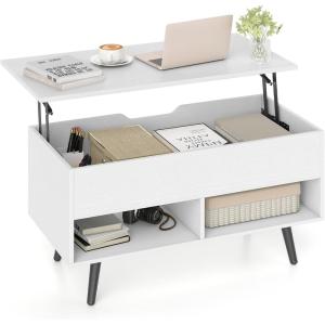 Giantex Lift Top Coffee Table, Modern Cocktail Table w/Hidden Compartment & 2 Open Shelves, Flip Top Center Table, Wooden Pull up Coffee Table for Living Room, Reception Room, Office (Black)(White)