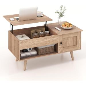 Giantex Lift Top Coffee Table, Modern Cocktail Table with Hidden Compartment, Open Shelf & Cabinet, Wooden Flip Top Center Table, Pull up Coffee Table for Home Office, Living Room (Natural)(Natural)