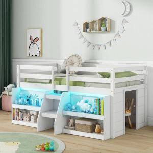 Giantex Low Loft Bed with LED Lights, Wooden Twin Loft Bed with Stairs & Safety Guardrail, Loft Bed Twin Size with Storage Bookcase and Under-Bed Play Space, Loft Bed for Kids (Natural)(White)