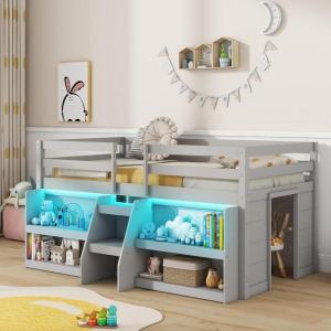 Giantex Low Loft Bed with LED Lights, Wooden Twin Loft Bed with Stairs & Safety Guardrail, Loft Bed Twin Size with Storage Bookcase and Under-Bed Play Space, Loft Bed for Kids (Natural)(Grey)