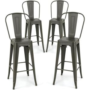 Giantex Metal Bar Stools Set of 4, 30″ Bar Height Modern Industrial Barstools w/Removable Bucket Back & Footrest, High Back Bar Dining Chairs with Rubber Foot Pads for Kitchen Home Bar, Black(Charcoal Grey)