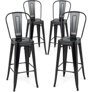 Giantex Metal Bar Stools Set of 4, 30″ Bar Height Modern Industrial Barstools w/Removable Bucket Back & Footrest, High Back Bar Dining Chairs with Rubber Foot Pads for Kitchen Home Bar, Black(Black)