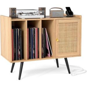 Giantex Mid Century Record Player Stand with Charging Station, Rattan Turntable Stand with Storage Cabinet & Adjustable Shelf, Boho Record Player Table, Vinyl Record Storage for Living Room, Bedroom(Natural)