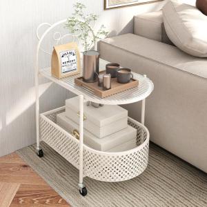 Giantex Mobile Glass Coffee Table, 2-Tier Modern Cocktail Table with Bear Pattern, Storage Basket & Metal Frame, Sofa Side Tea Table on Lockable Wheels, Center Table for Living Room, Bedroom (White)(White)