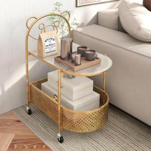 Giantex Mobile Glass Coffee Table, 2-Tier Modern Cocktail Table with Bear Pattern, Storage Basket & Metal Frame, Sofa Side Tea Table on Lockable Wheels, Center Table for Living Room, Bedroom (White)(Golden)