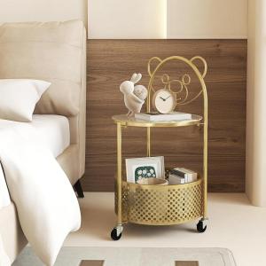 Giantex Mobile Glass Coffee Table, 2-Tier Round End Table with Bear Pattern, Storage Basket, Metal Frame, Modern Cocktail Table on Lockable Wheels, Sofa Side Tea Table for Living Room Bedroom (White)(Golden)