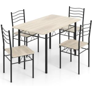 Giantex Modern 5 Piece Dining Table Set for 4 Chairs Wood Metal Kitchen Breakfast Furniture (Beech Wood)(Beech Wood)