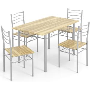 Giantex Modern 5 Piece Dining Table Set for 4 Chairs Wood Metal Kitchen Breakfast Furniture (Beech Wood)(Natural)