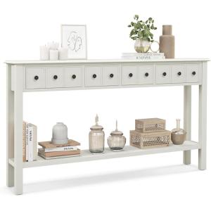 Giantex Narrow Console Table with Storage – 60″ Long Sofa Side Table w/ 4 Drawers & Open Shelf, Solid Wood Legs, Rectangular Entry Table, Retro Entryway Table for Living Room Hallway, White
