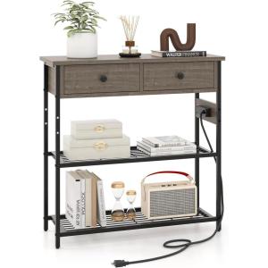 Giantex Narrow Console Table with Storage – 60″ Long Sofa Side Table w/ 4 Drawers & Open Shelf, Solid Wood Legs, Rectangular Entry Table, Retro Entryway Table for Living Room Hallway, Foyer, Black(Grey)