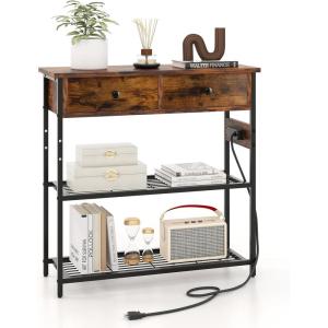 Giantex Narrow Console Table with Storage – 60″ Long Sofa Side Table w/ 4 Drawers & Open Shelf, Solid Wood Legs, Rectangular Entry Table, Retro Entryway Table for Living Room Hallway, Foyer, Black(Brown)