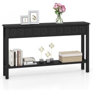 Giantex Narrow Console Table with Storage – 60″ Long Sofa Side Table w/ 4 Drawers & Open Shelf, Solid Wood Legs, Rectangular Entry Table, Retro Entryway Table for Living Room Hallway, Foyer, Black(Black)