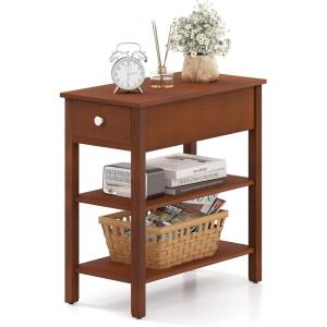Giantex Narrow End Table, Farmhouse Side Tables with Drawer & Storage Shelves, Wood Sofa Side Tables, 3-Tier Nightstands for Small Space, Living Room, Bedroom, 23.5″ L x 12″ W x 24.5″ H, Brown(Brown)