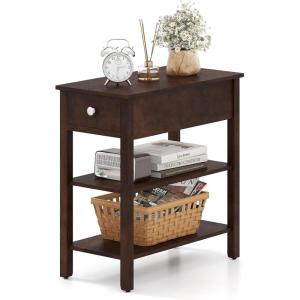 Giantex Narrow End Table, Farmhouse Side Tables with Drawer & Storage Shelves, Wood Sofa Side Tables, 3-Tier Nightstands for Small Space, Living Room, Bedroom, 23.5″ L x 12″ W x 24.5″ H, Brown(Walnut)