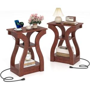 Giantex Narrow End Tables with Charging Station Set of 2, Wood Sofa Side Tables with Open Storage Shelves, Bedside Tables with USB Ports & Outlets, Modern Nightstands for Living Room, Bedroom, Black(Cherry)