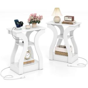 Giantex Narrow End Tables with Charging Station Set of 2, Wood Sofa Side Tables with Open Storage Shelves, Bedside Tables with USB Ports & Outlets, Modern Nightstands for Living Room, Bedroom, Black(White)