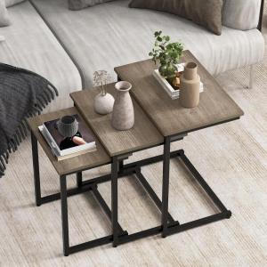 Giantex Nesting Coffee Table Set of 3, Stackable Square End Table w/Wood Grain Tabletop & Heavy-Duty Metal Frame, Farmhouse C-Shaped Accent Table for Small Space, Living Room, Bedroom (Black Oak)(Black Oak)