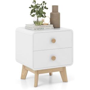 Giantex Night Stand with 2 Drawers, Mid Century Modern Bedside Table with Cute Round Knobs, Wooden Side End Table with Solid Rubber Wood Legs, Small Nightstand for Kids Bedroom Dorms, White