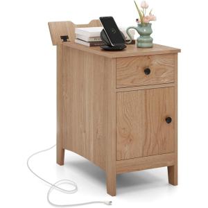 Giantex Night Stand with Charging Station, Flip Top End Side Table w/USB Ports & Outlets, Modern Bedside Table w/Storage Drawer, Cabinet, Magazine Rack, Narrow Wood Nightstand for Bedroom (1, Oak)(Oak)