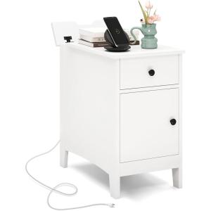 Giantex Night Stand with Charging Station, Flip Top End Side Table w/USB Ports & Outlets, Modern Bedside Table w/Storage Drawer, Cabinet, Magazine Rack, Narrow Wood Nightstand for Bedroom (1, Oak)(White)