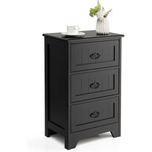 Giantex Nightstand with 3 Drawers, Bedside Table with Exquisite Metal Handles, Accent Table Sofa Side Table with Anti-toppling Device for Bedroom, Study, Black(Black)