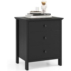 Giantex Nightstand with 3 Drawers Set of 2, Wooden Side End Table with Solid Wood Legs, Retro 3-Drawer Bedside Table Night Stand for Bedroom Home Office Small Space, Easy Assembly, White(Black)