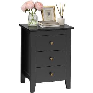 Giantex Nightstand with 3 Drawers, Wood Walnut Night Stand Bedside Table w/Storage Drawer & Round Metal Knobs, Vintage End Side Table for Dorm Bedroom Small Spaces, 14.5″ D x 18″ W x 26″ H(Black)
