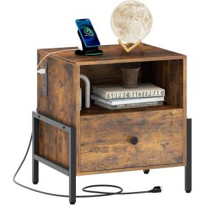 Giantex Nightstand with Charging Station, Industrial End Table with Storage Drawer & Open Compartment, Wood Sofa Side Table with USB Port and Outlets, Bedside Table for Bedroom, Rustic Brown(1)