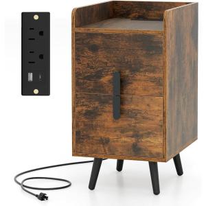 Giantex Nightstand with Charging Station, Narrow End Table with 2 Drawers & Metal Gold Legs, Small Sofa Side Table w/ 2 USB Ports and 3 Outlets, Modern Night Stand for Small Spaces, Rustic Brown(Rustic)