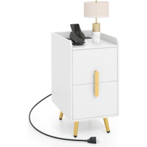 Giantex Nightstand with Charging Station, Narrow End Table with 2 Drawers & Metal Gold Legs, Small Sofa Side Table w/ 2 USB Ports and 3 Outlets, Modern Night Stand for Small Spaces, Rustic Brown(White)