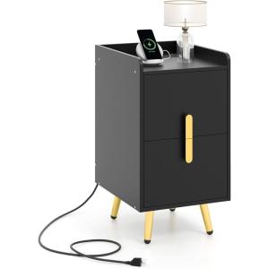 Giantex Nightstand with Charging Station, Narrow End Table with 2 Drawers & Metal Gold Legs, Small Sofa Side Table w/ 2 USB Ports and 3 Outlets, Modern Night Stand for Small Spaces, Rustic Brown(Black)