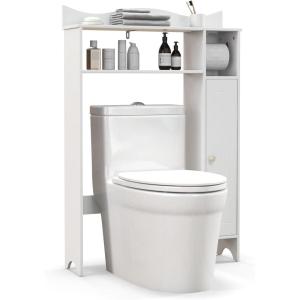 Giantex Over-The-Toilet Storage Cabinet, Bathroom Freestanding Space Saver with 1-Door Side Storage Cabinet & Paper Holder, Toilet Rack Organizer Stand for Bathroom Laundry (White)